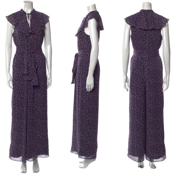Mikael Aghal Belted Ruffled Floral Jumpsuit in Purple Size 6 - Picture 2 of 12